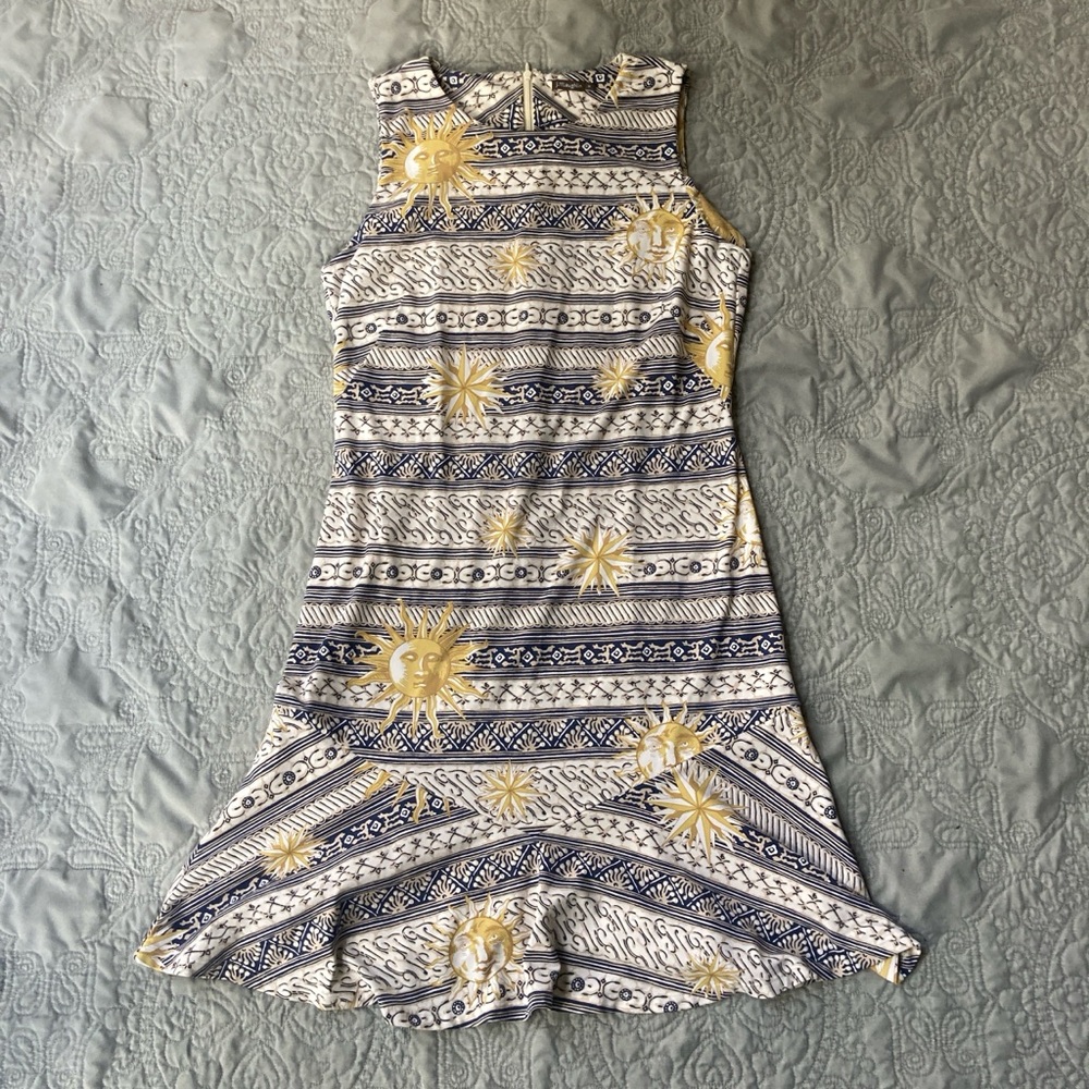 J. McLaughlin Catalina Cloth Sheath Dress SZ M Sun Stars Celestial Navy Gold